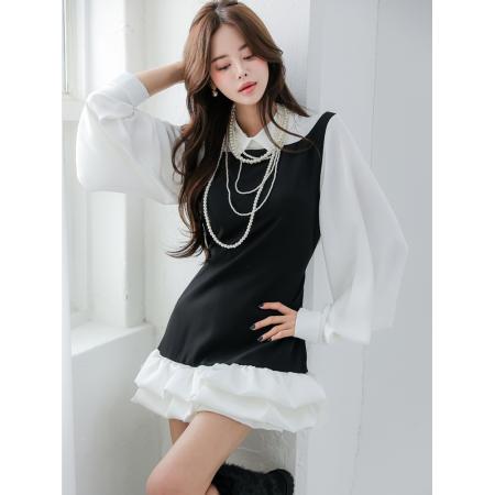 FA54878# 淑女时尚韩国Chic拼色衬衫连衣裙假两件灯笼袖韩版连衣裙  服裝批發女裝批發服飾貨源