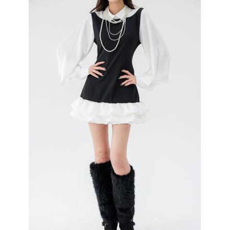 FA54878# 淑女时尚韩国Chic拼色衬衫连衣裙假两件灯笼袖韩版连衣裙  服裝批發女裝批發服飾貨源