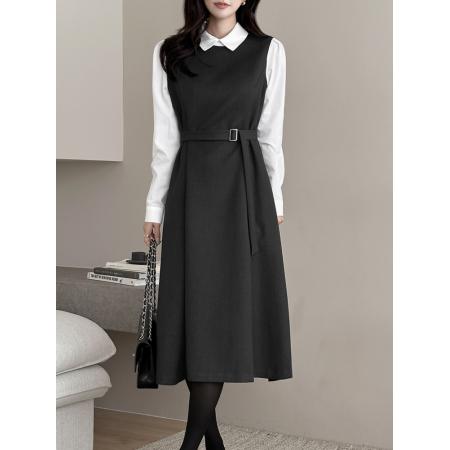 淑女时尚韩国Chic喇叭裙假两件拼接大摆长裙韩版衬衣连衣裙  服裝批發女裝批發服飾貨源