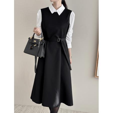 FA54880# 淑女时尚韩国Chic喇叭裙假两件拼接大摆长裙韩版衬衣连衣裙  服裝批發女裝批發服飾貨源