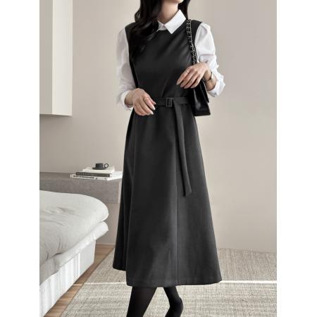 FA54880# 淑女时尚韩国Chic喇叭裙假两件拼接大摆长裙韩版衬衣连衣裙  服裝批發女裝批發服飾貨源