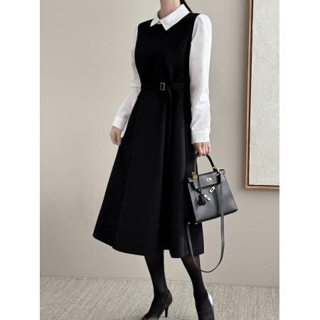 FA54880# 淑女时尚韩国Chic喇叭裙假两件拼接大摆长裙韩版衬衣连衣裙  服裝批發女裝批發服飾貨源