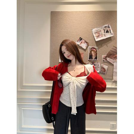 FA54881# 韩系甜辣妹波点绑带长袖T恤女冬少女感减龄收腰显瘦上衣  服裝批發女裝批發服飾貨源