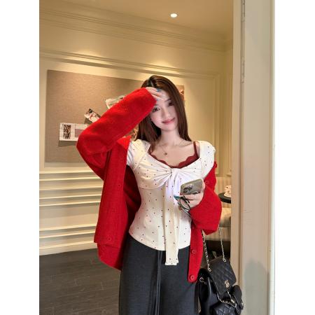 FA54881# 韩系甜辣妹波点绑带长袖T恤女冬少女感减龄收腰显瘦上衣  服裝批發女裝批發服飾貨源