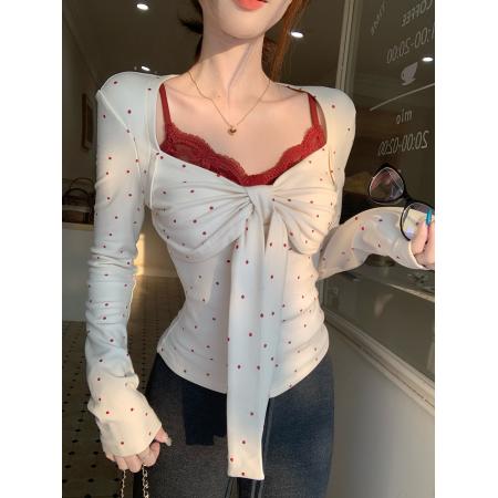 FA54881# 韩系甜辣妹波点绑带长袖T恤女冬少女感减龄收腰显瘦上衣  服裝批發女裝批發服飾貨源