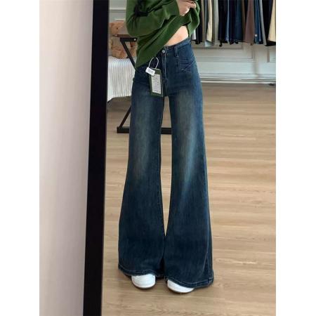 小个子美式水洗不贴微喇牛仔裤女春季高腰百搭显瘦喇叭长裤  服裝批發女裝批發服飾貨源