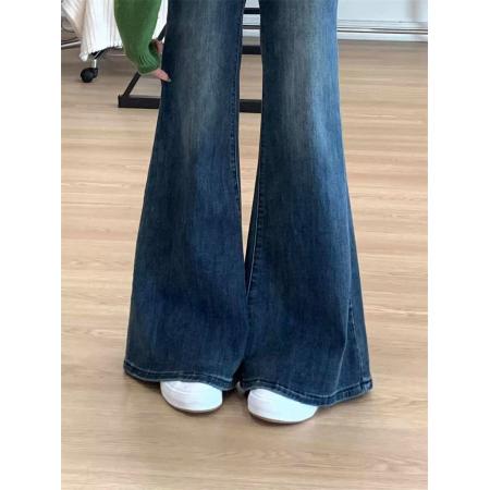 FA54883# 小个子美式水洗不贴微喇牛仔裤女春季高腰百搭显瘦喇叭长裤  服裝批發女裝批發服飾貨源