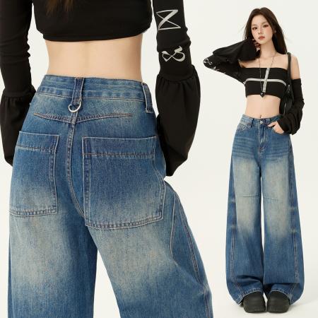 FA54884# 春季新款美式复古提臀高腰宽松牛仔裤直筒阔腿拖地牛仔裤女  服裝批發女裝批發服飾貨源