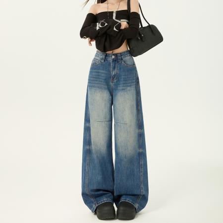 FA54884# 春季新款美式复古提臀高腰宽松牛仔裤直筒阔腿拖地牛仔裤女  服裝批發女裝批發服飾貨源