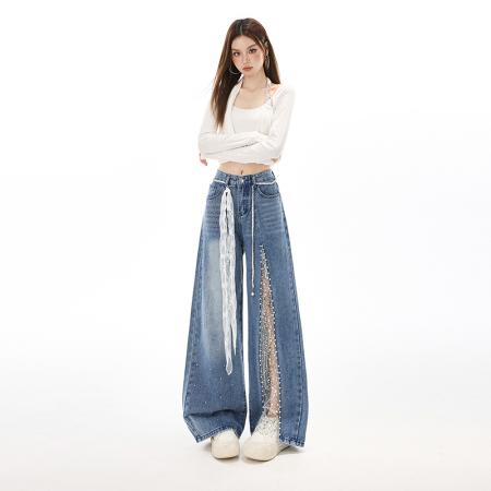 早春蕾丝拼接亮钻烫钻牛仔裤设计感镂空百搭开叉珍珠阔腿拖地  服裝批發女裝批發服飾貨源