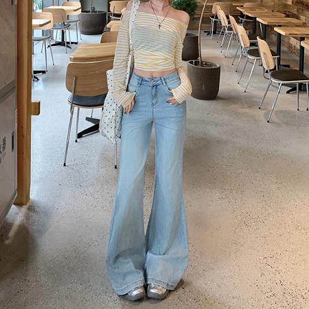 FA54886# 高品质浅蓝喇叭牛仔裤女春款低腰弹力垂感显瘦马蹄裤  服裝批發女裝批發服飾貨源