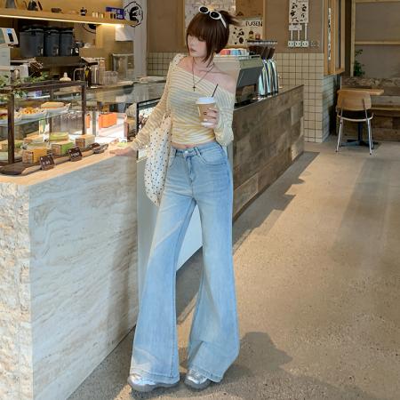 FA54886# 高品质浅蓝喇叭牛仔裤女春款低腰弹力垂感显瘦马蹄裤  服裝批發女裝批發服飾貨源