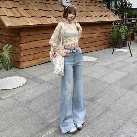 FA54886# 高品质浅蓝喇叭牛仔裤女春款低腰弹力垂感显瘦马蹄裤  服裝批發女裝批發服飾貨源