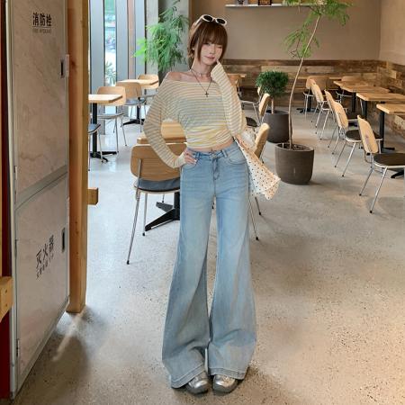 FA54886# 高品质浅蓝喇叭牛仔裤女春款低腰弹力垂感显瘦马蹄裤  服裝批發女裝批發服飾貨源