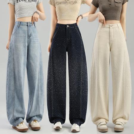 FA54887# 三色重工烫钻璀璨星光弯刀裤女小众显瘦阔腿百搭牛仔裤  服裝批發女裝批發服飾貨源