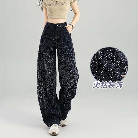 FA54887# 三色重工烫钻璀璨星光弯刀裤女小众显瘦阔腿百搭牛仔裤  服裝批發女裝批發服飾貨源