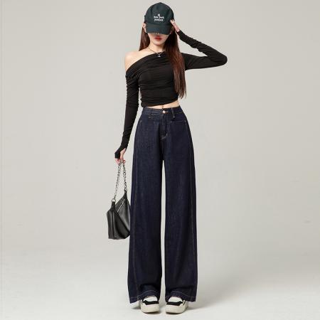 FA54888# 春季新款阔腿裤高腰垂坠包容感不掉色牛仔裤女耐看裤长裤加长  服裝批發女裝批發服飾貨源