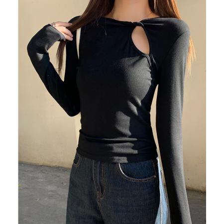 FA54890# 黑色镂空长袖t恤女秋春季设计感辣妹性感修身显瘦上衣  服裝批發女裝批發服飾貨源