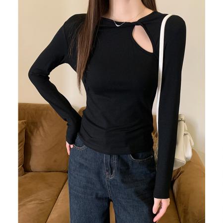 FA54890# 黑色镂空长袖t恤女秋春季设计感辣妹性感修身显瘦上衣  服裝批發女裝批發服飾貨源