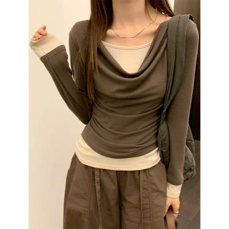 FA54891# 绿色荡领假两件长袖t恤女收腰秋季上衣女内搭打底衫  服裝批發女裝批發服飾貨源