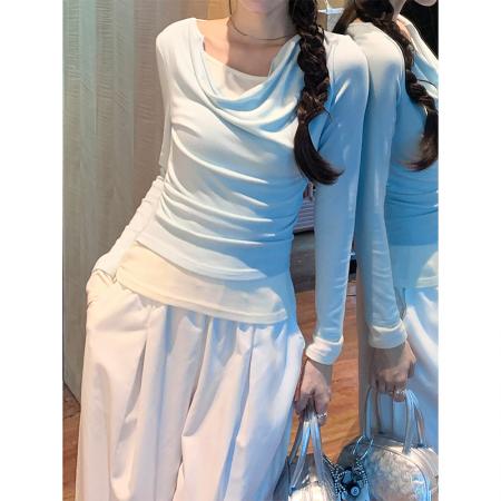 FA54891# 绿色荡领假两件长袖t恤女收腰秋季上衣女内搭打底衫  服裝批發女裝批發服飾貨源