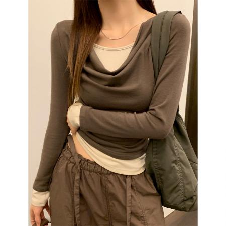 FA54891# 绿色荡领假两件长袖t恤女收腰秋季上衣女内搭打底衫  服裝批發女裝批發服飾貨源