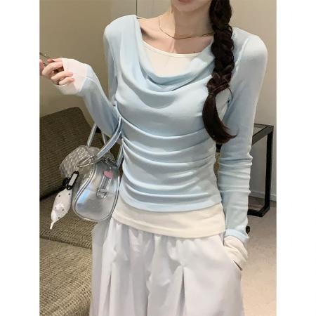 FA54891# 绿色荡领假两件长袖t恤女收腰秋季上衣女内搭打底衫  服裝批發女裝批發服飾貨源