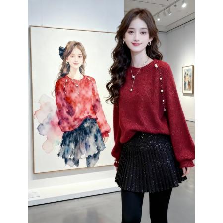 FA54892# 过年超好看钉珠毛衣女款冬季慵懒高级感长袖针织衫上衣外穿潮  服裝批發女裝批發服飾貨源