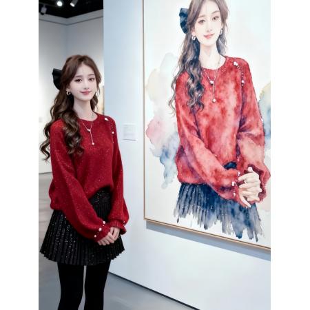 FA54892# 过年超好看钉珠毛衣女款冬季慵懒高级感长袖针织衫上衣外穿潮  服裝批發女裝批發服飾貨源