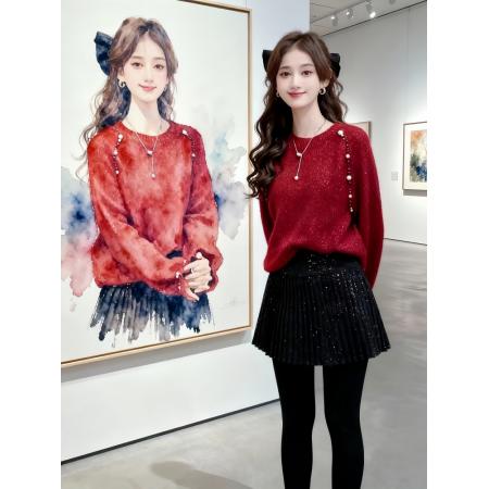 FA54892# 过年超好看钉珠毛衣女款冬季慵懒高级感长袖针织衫上衣外穿潮  服裝批發女裝批發服飾貨源