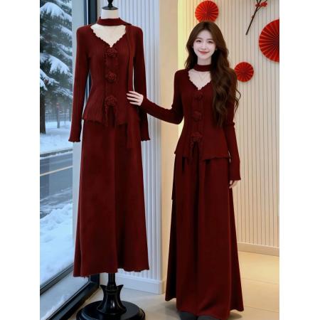 FA54893# 红色系穿搭一整套独特漂亮红色毛衣半身裙超好看两件套装2026春季  服裝批發女裝批發服飾貨源