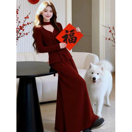 FA54893# 红色系穿搭一整套独特漂亮红色毛衣半身裙超好看两件套装2026春季  服裝批發女裝批發服飾貨源