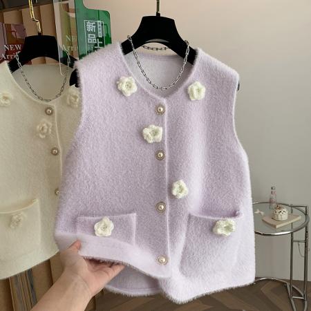 撞色立体花朵毛茸茸马甲背心女秋宽松减龄单排扣坎肩上衣  服裝批發女裝批發服飾貨源