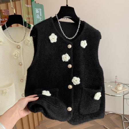 FA54895# 撞色立体花朵毛茸茸马甲背心女秋宽松减龄单排扣坎肩上衣  服裝批發女裝批發服飾貨源