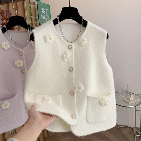FA54895# 撞色立体花朵毛茸茸马甲背心女秋宽松减龄单排扣坎肩上衣  服裝批發女裝批發服飾貨源
