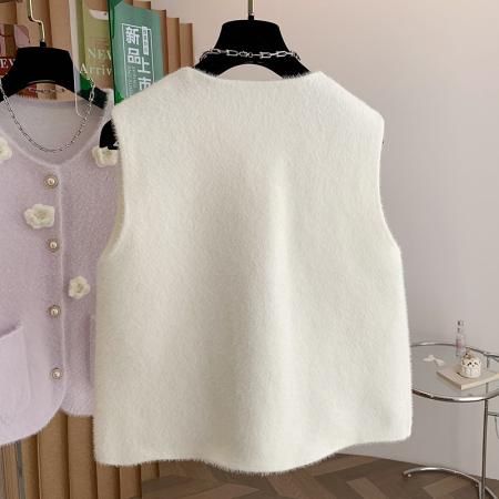 FA54895# 撞色立体花朵毛茸茸马甲背心女秋宽松减龄单排扣坎肩上衣  服裝批發女裝批發服飾貨源