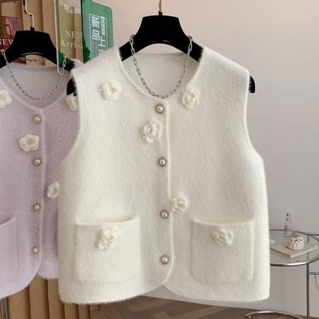 FA54895# 撞色立体花朵毛茸茸马甲背心女秋宽松减龄单排扣坎肩上衣  服裝批發女裝批發服飾貨源