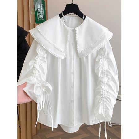FA54896# 春季新品娃娃领衬衫袖子可抽绳宽松百搭  服裝批發女裝批發服飾貨源