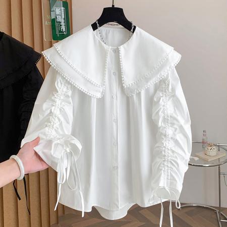 FA54896# 春季新品娃娃领衬衫袖子可抽绳宽松百搭  服裝批發女裝批發服飾貨源