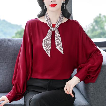 圆领雪纺上衣女长袖春装新款蝴蝶结衬衫宽松套头遮肚小衫  服裝批發女裝批發服飾貨源