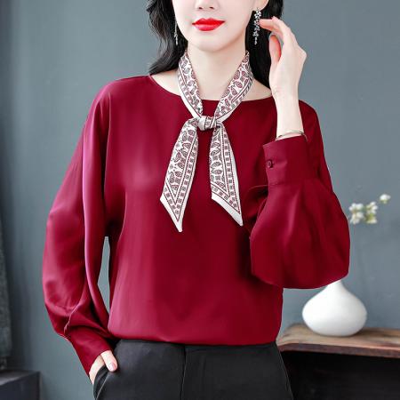 FA54897# 圆领雪纺上衣女长袖春装新款蝴蝶结衬衫宽松套头遮肚小衫  服裝批發女裝批發服飾貨源