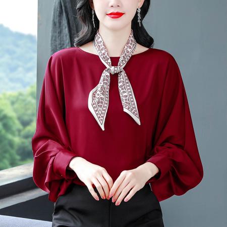 FA54897# 圆领雪纺上衣女长袖春装新款蝴蝶结衬衫宽松套头遮肚小衫  服裝批發女裝批發服飾貨源