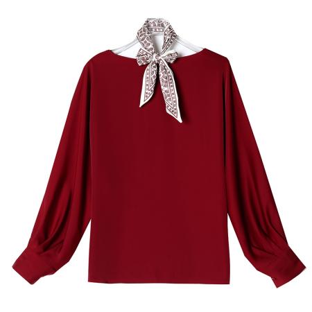 FA54897# 圆领雪纺上衣女长袖春装新款蝴蝶结衬衫宽松套头遮肚小衫  服裝批發女裝批發服飾貨源