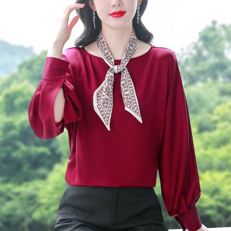 FA54897# 圆领雪纺上衣女长袖春装新款蝴蝶结衬衫宽松套头遮肚小衫  服裝批發女裝批發服飾貨源