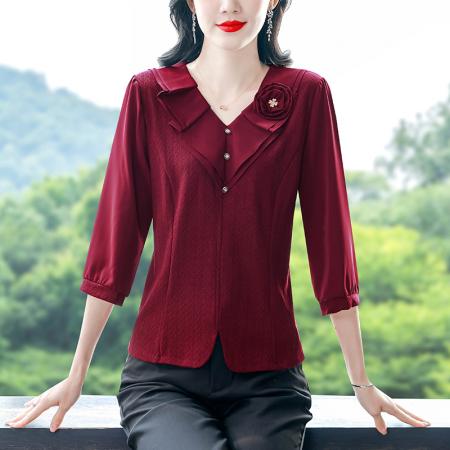 春款时尚V领立体花朵七分袖上衣女百搭显瘦高品质红色弹力雪纺  服裝批發女裝批發服飾貨源