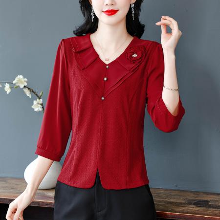 FA54898# 春款时尚V领立体花朵七分袖上衣女百搭显瘦高品质红色弹力雪纺  服裝批發女裝批發服飾貨源