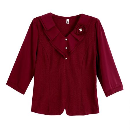 FA54898# 春款时尚V领立体花朵七分袖上衣女百搭显瘦高品质红色弹力雪纺  服裝批發女裝批發服飾貨源