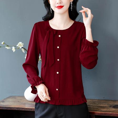 圆领设计感蝴蝶结新年红色上衣春季新款长袖弹力内搭外穿小衫  服裝批發女裝批發服飾貨源