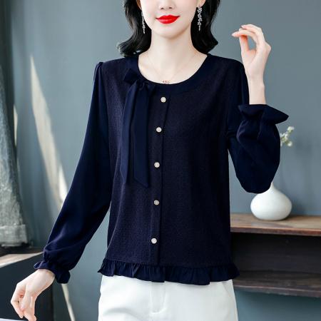 FA54899# 圆领设计感蝴蝶结新年红色上衣春季新款长袖弹力内搭外穿小衫  服裝批發女裝批發服飾貨源