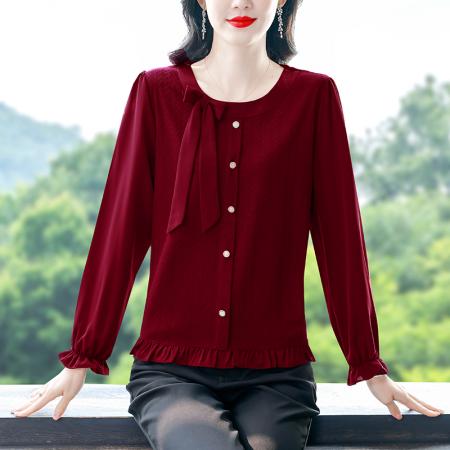 FA54899# 圆领设计感蝴蝶结新年红色上衣春季新款长袖弹力内搭外穿小衫  服裝批發女裝批發服飾貨源